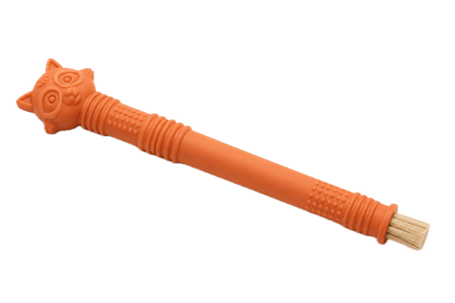 Render of the Twigglies brush: an orange handle with a raccoon head on one end, bumpy grip sections and a short bristle tip on the other